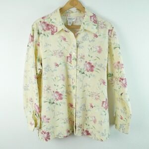 Vintage Butter Yellow Linen Blend Floral Button Up Shirt PL Granny Cottagecore